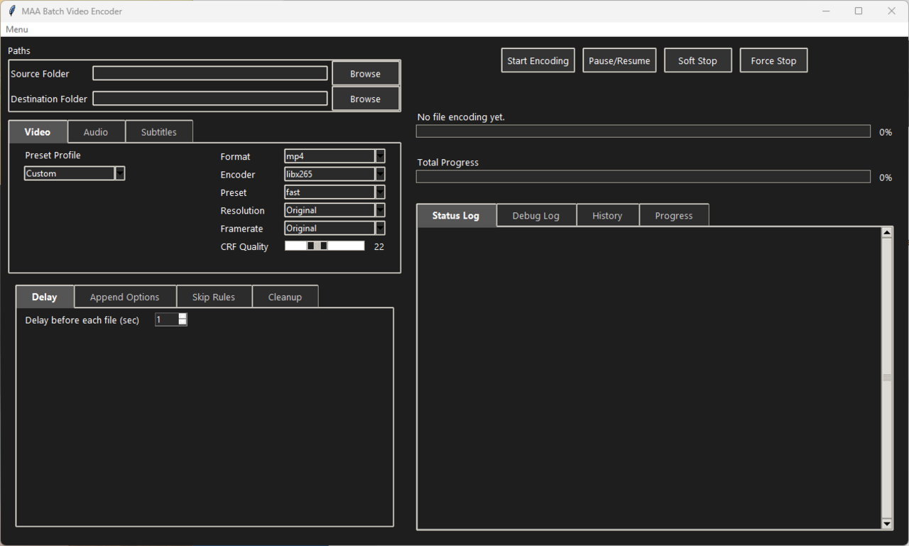 Video Tab – Set folders and select encoding profiles in MAA Encoder