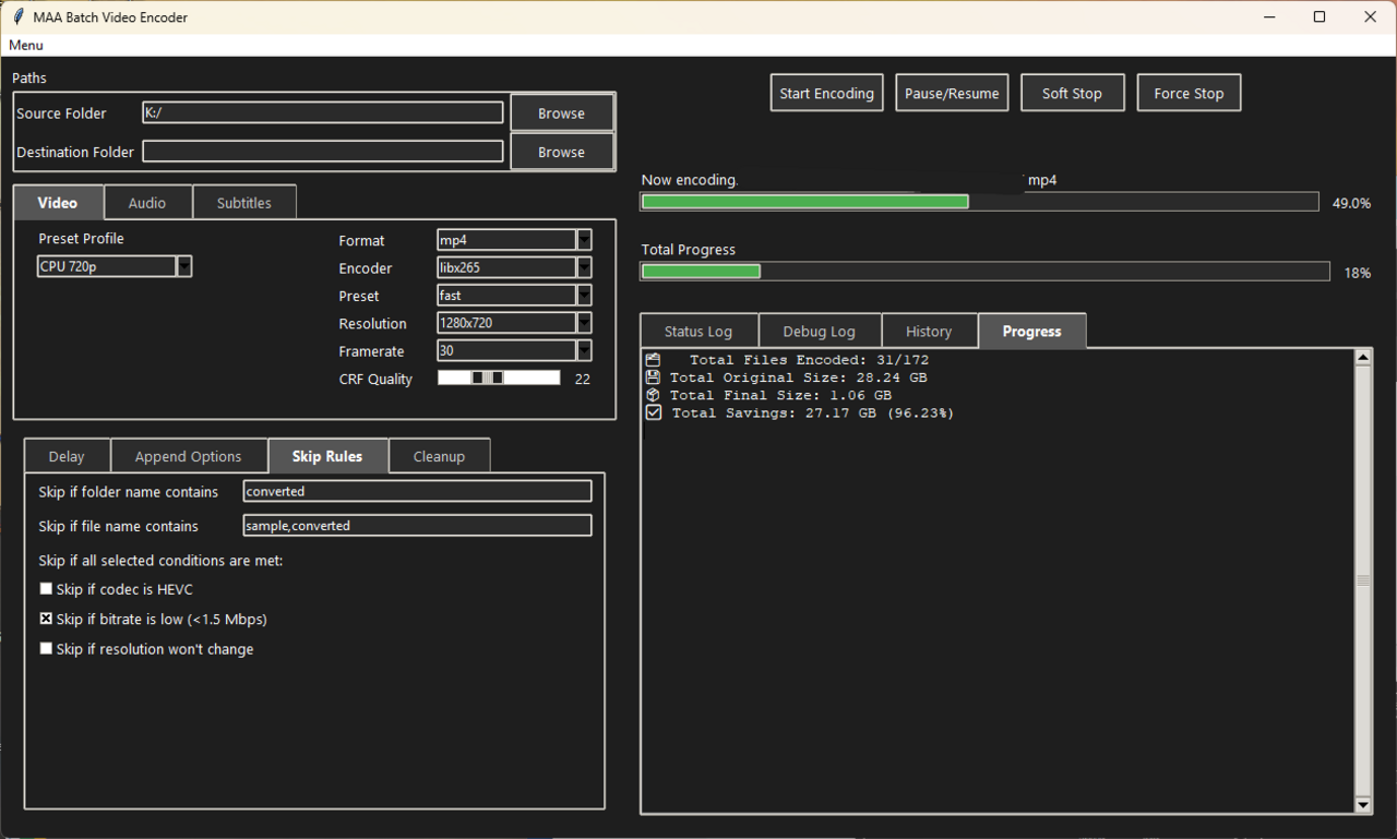 Progress Tab – Monitor batch encoding progress and track storage saved