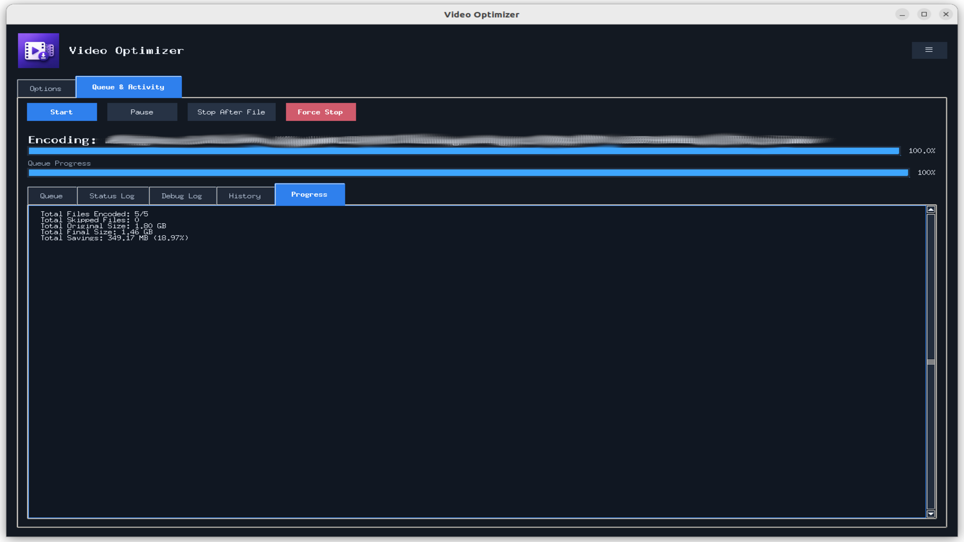 Video Optimizer – Progress tab with overall queue tracking