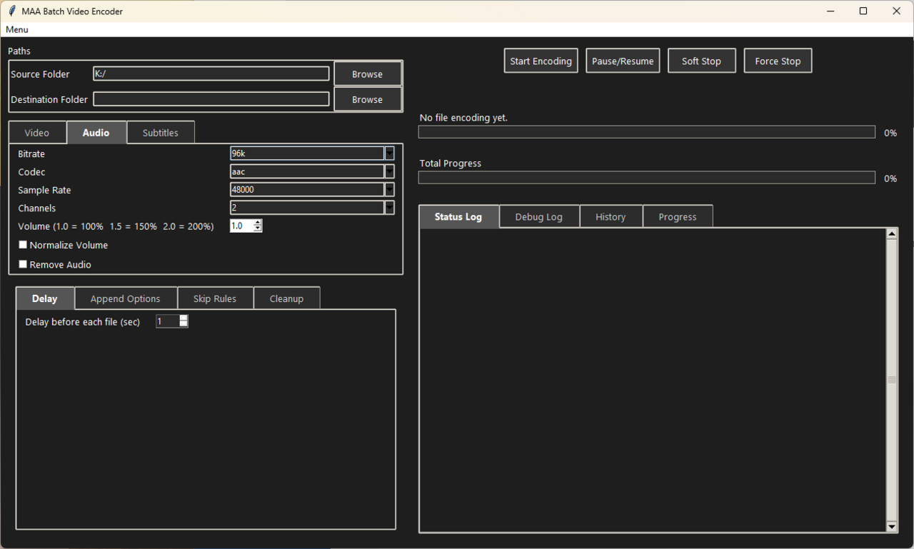 Audio Tab – Adjust codec, bitrate, and audio volume in batch encoding