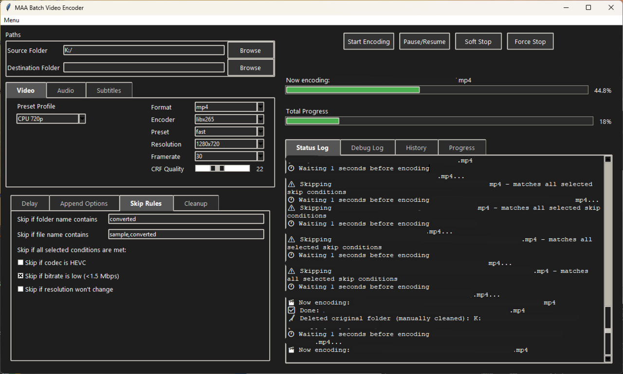 Status Tab – View real-time encoding logs, file info, and progress feedback