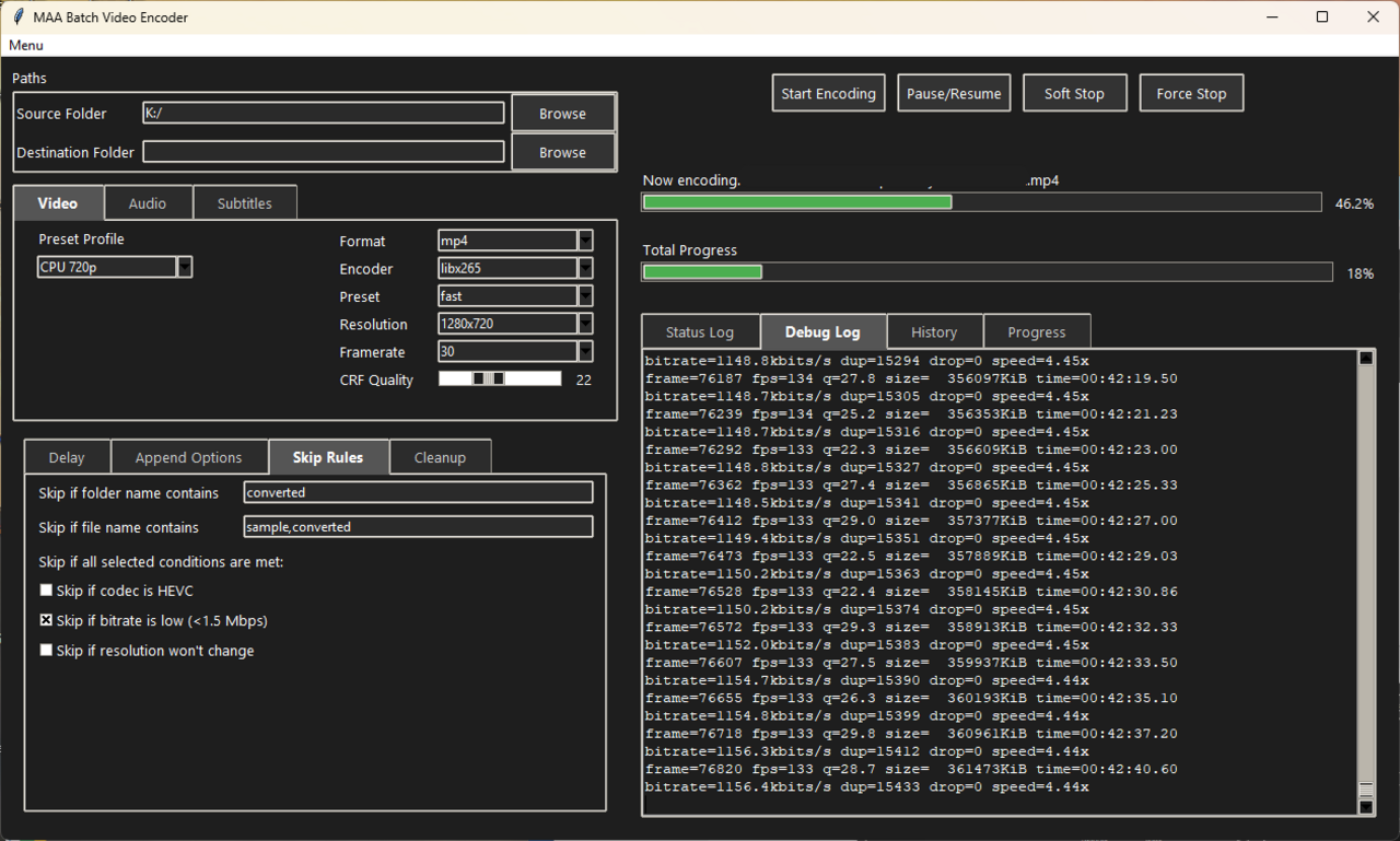 Debug Tab – Monitor FFmpeg command output, errors, and technical logs