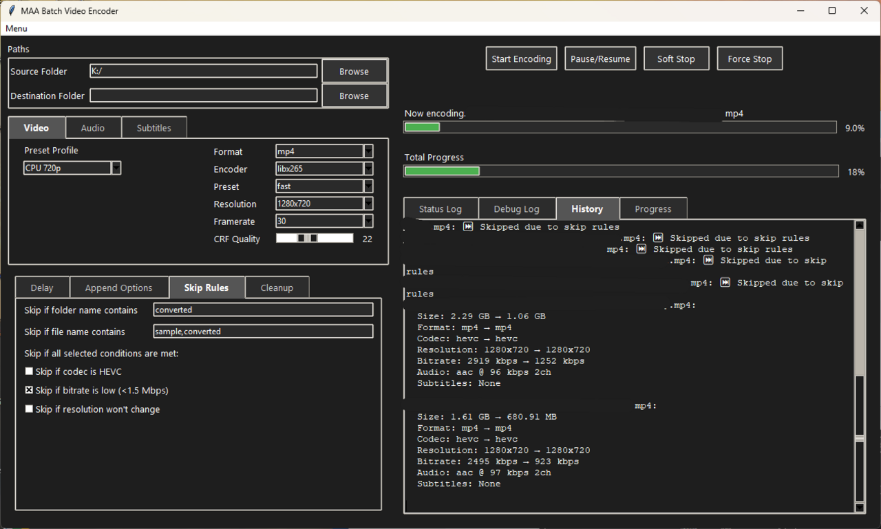 History Tab – View records of completed encodes, file sizes, and space savings