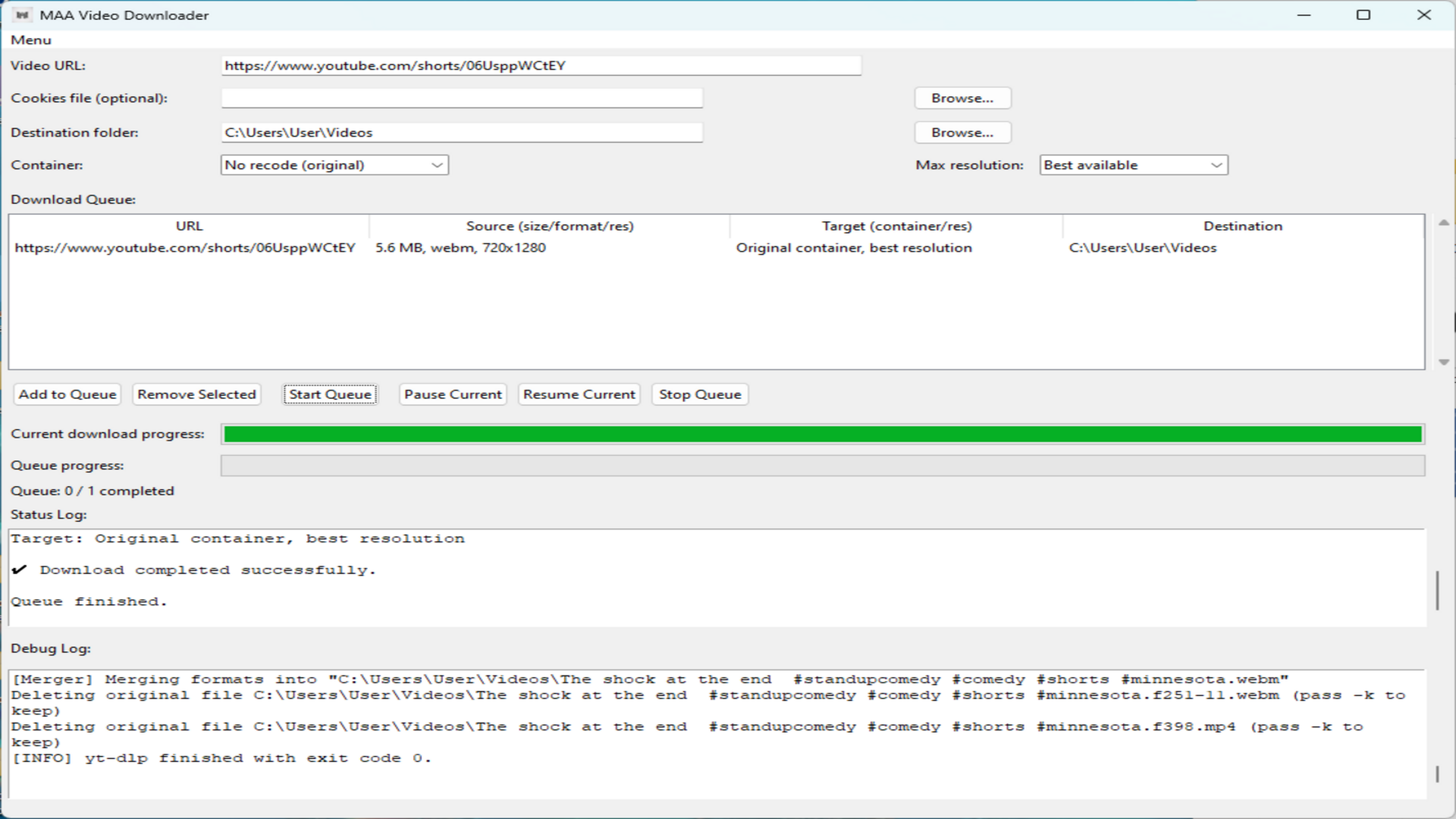 MAA Video Downloader – Active download with progress bars, status log, and debug log