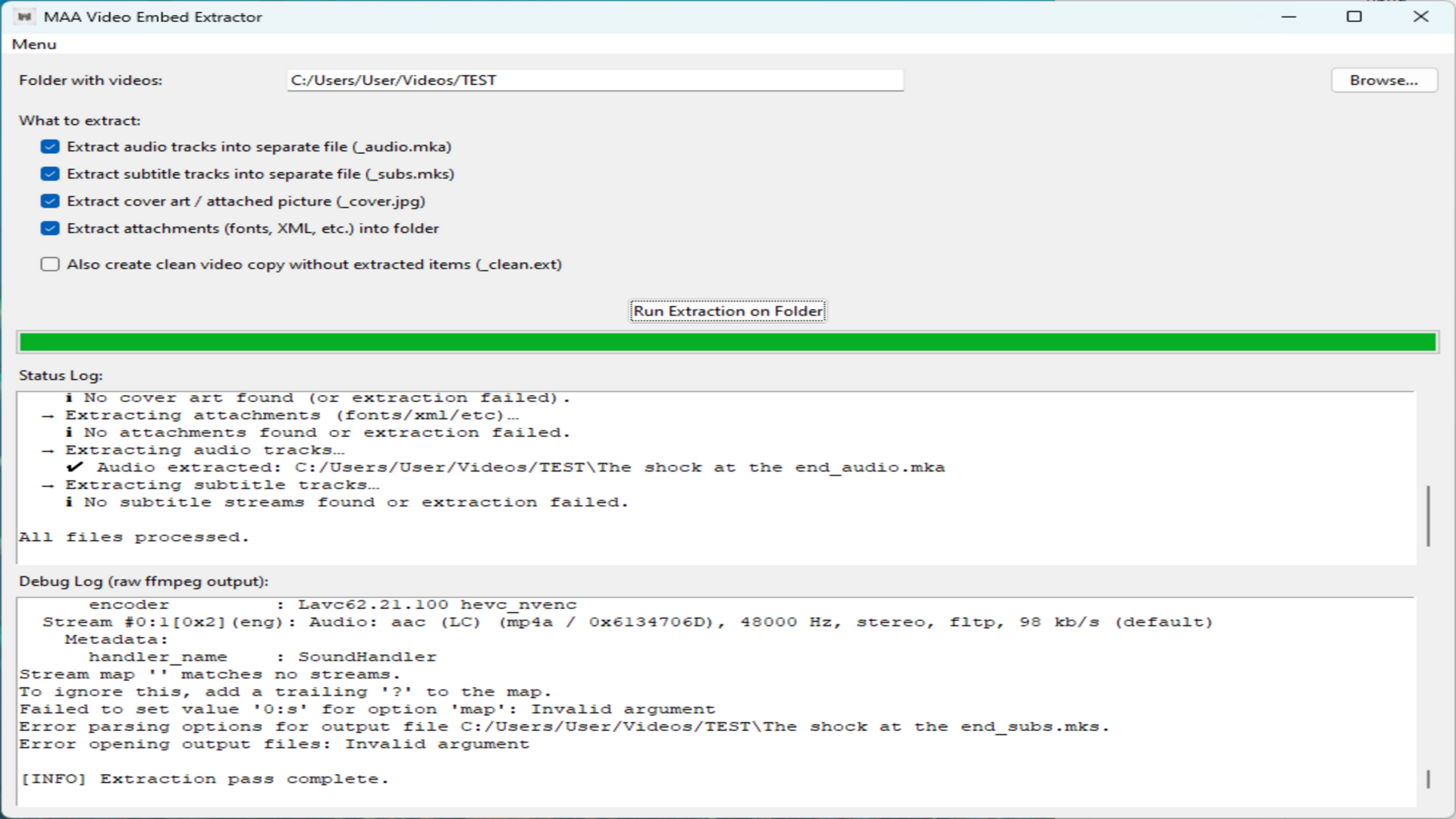 MAA Video Embed Extractor – Extraction progress with status and raw ffmpeg debug log